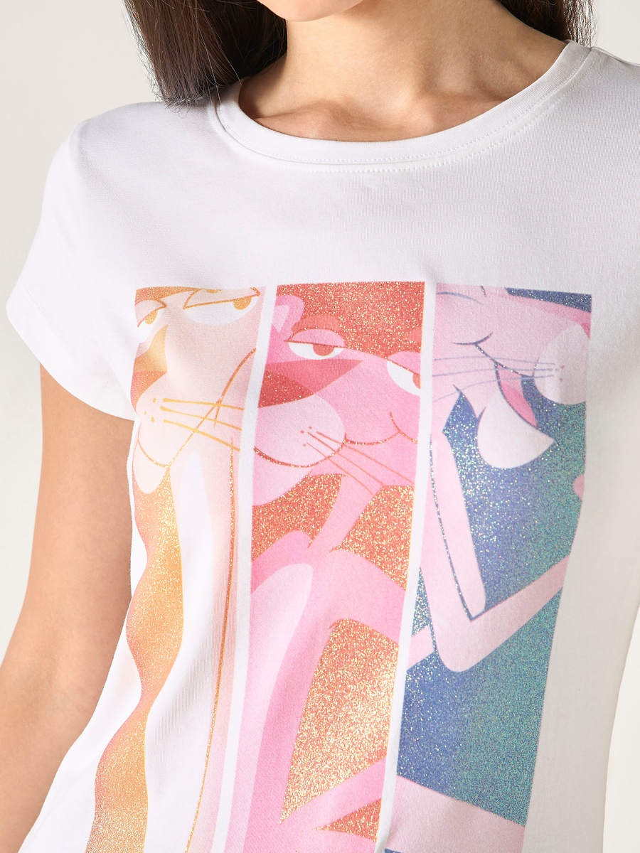 Pink Panther Print T-Shirt with Crew Neck and Short Sleeves