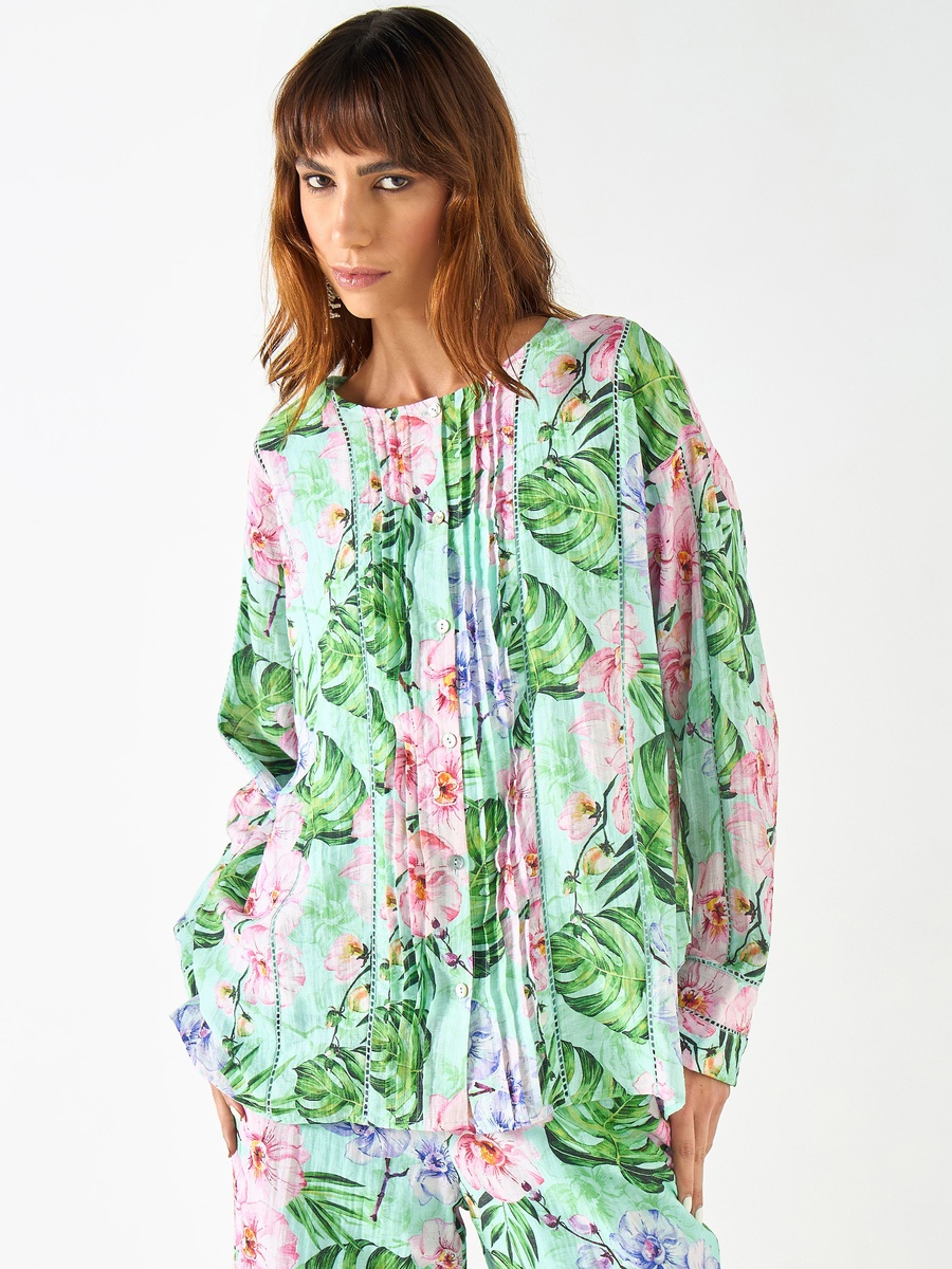 All-Over Tropical Print Top with Long Sleeves and Pintuck Detail