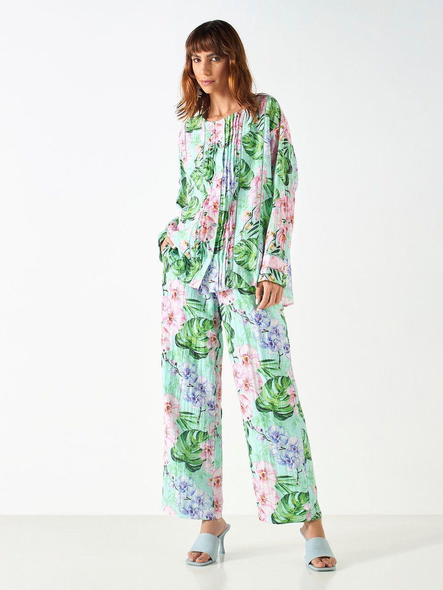 All-Over Tropical Print Top with Long Sleeves and Pintuck Detail