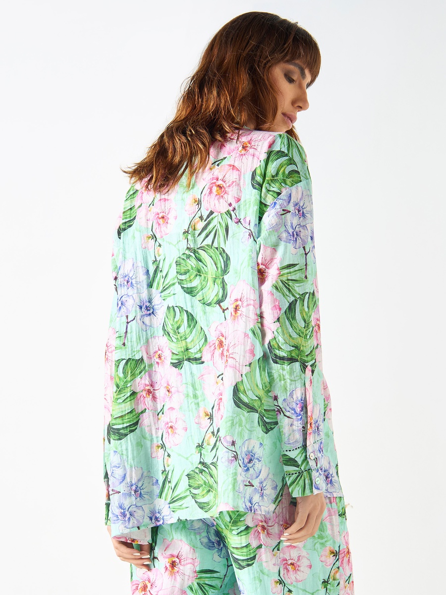 All-Over Tropical Print Top with Long Sleeves and Pintuck Detail