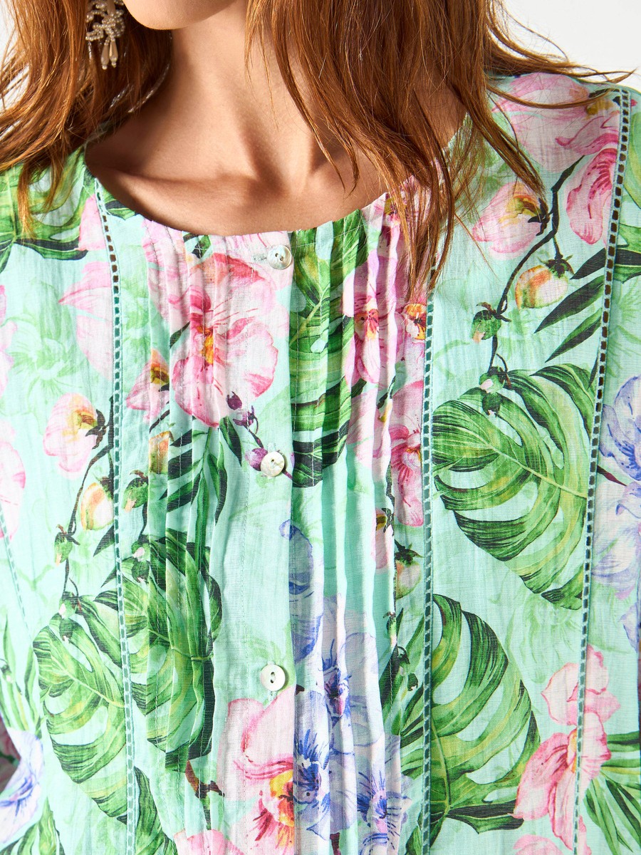 All-Over Tropical Print Top with Long Sleeves and Pintuck Detail