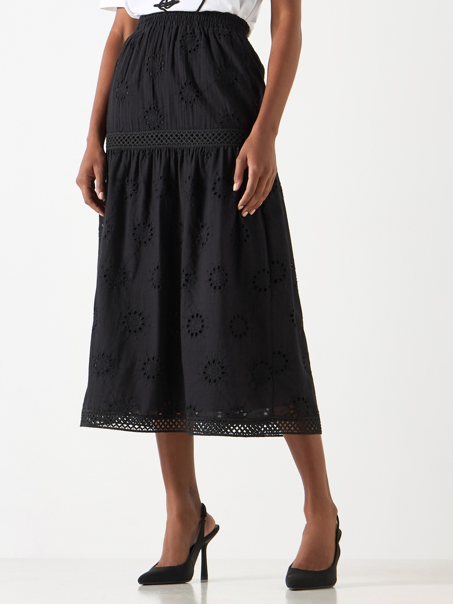 Schiffli Textured A-Line Midi Skirt with Elasticated Waistband