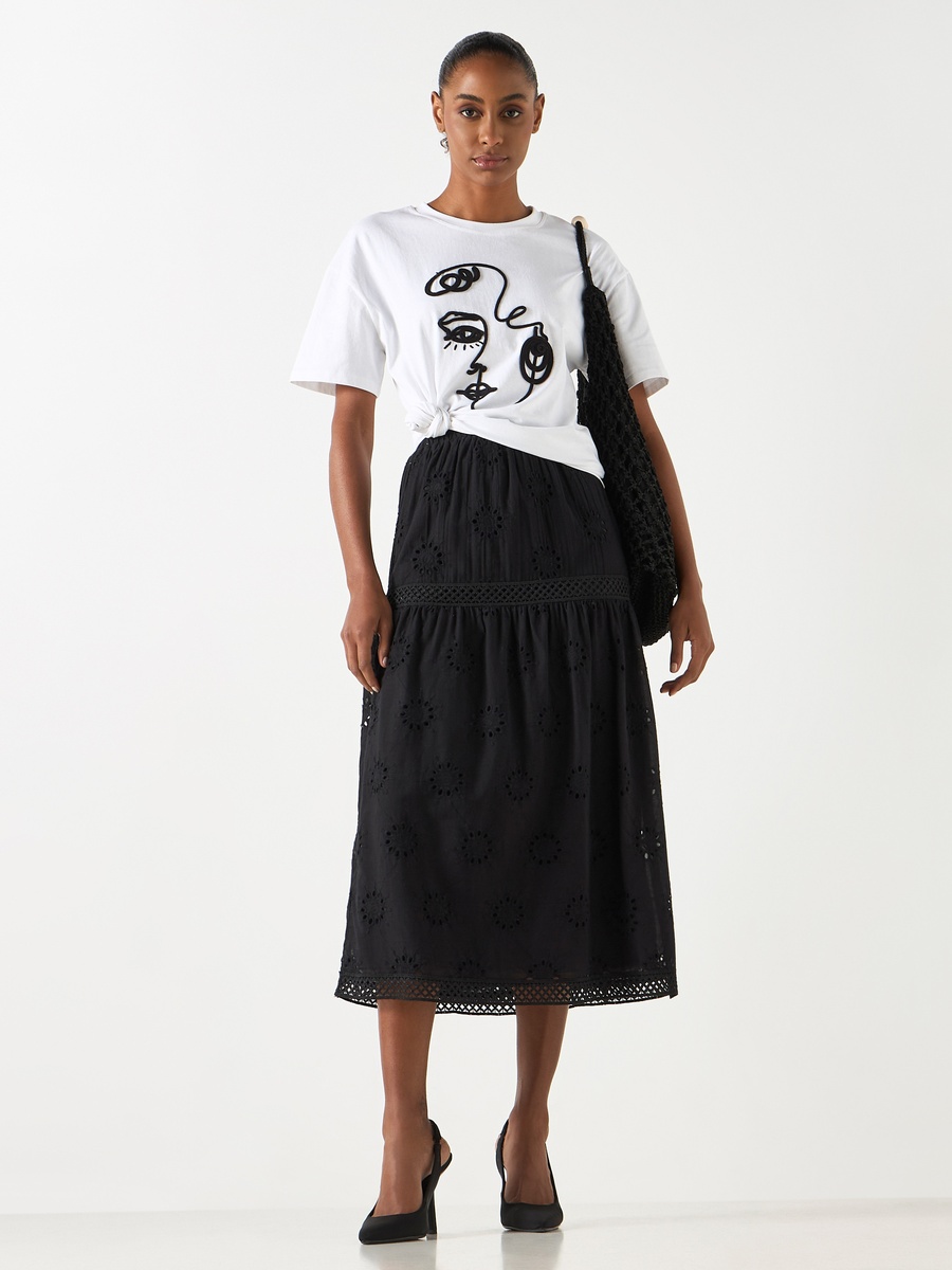 Schiffli Textured A-Line Midi Skirt with Elasticated Waistband