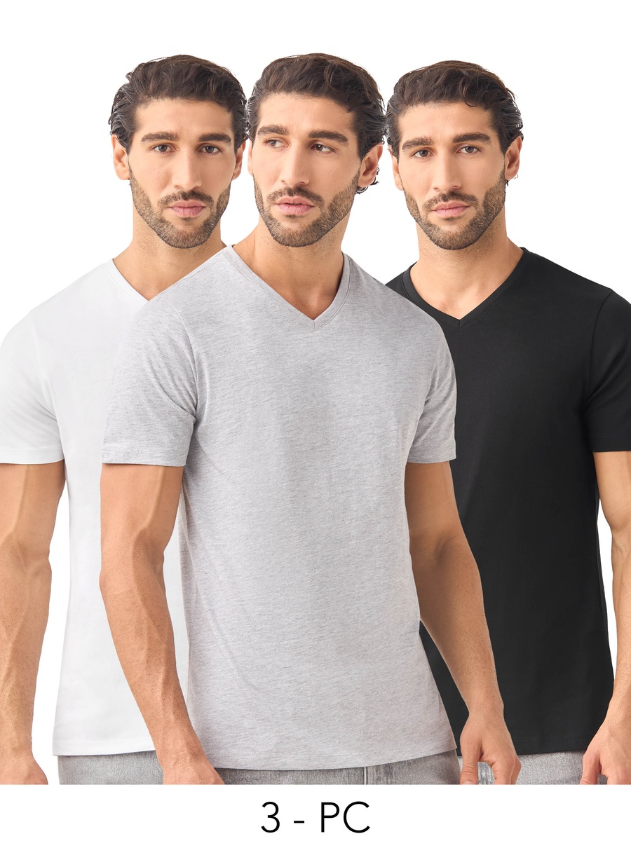 Set of 3 - Slim Fit V Neck T-Shirt with Short Sleeves