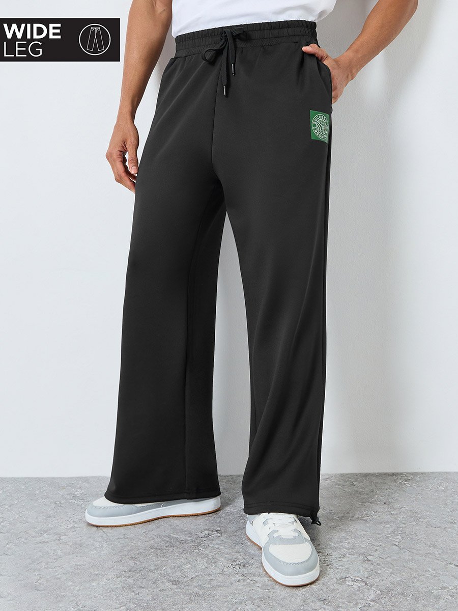 Men Black Wide Leg Scuba Joggers with Patch