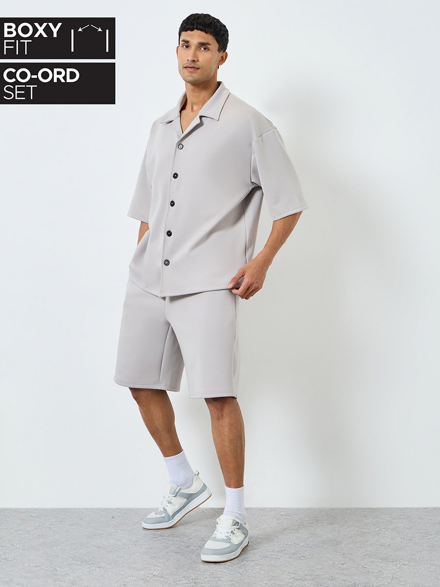 Men Grey Boxy Fit Shirt and Shorts Co-Ords