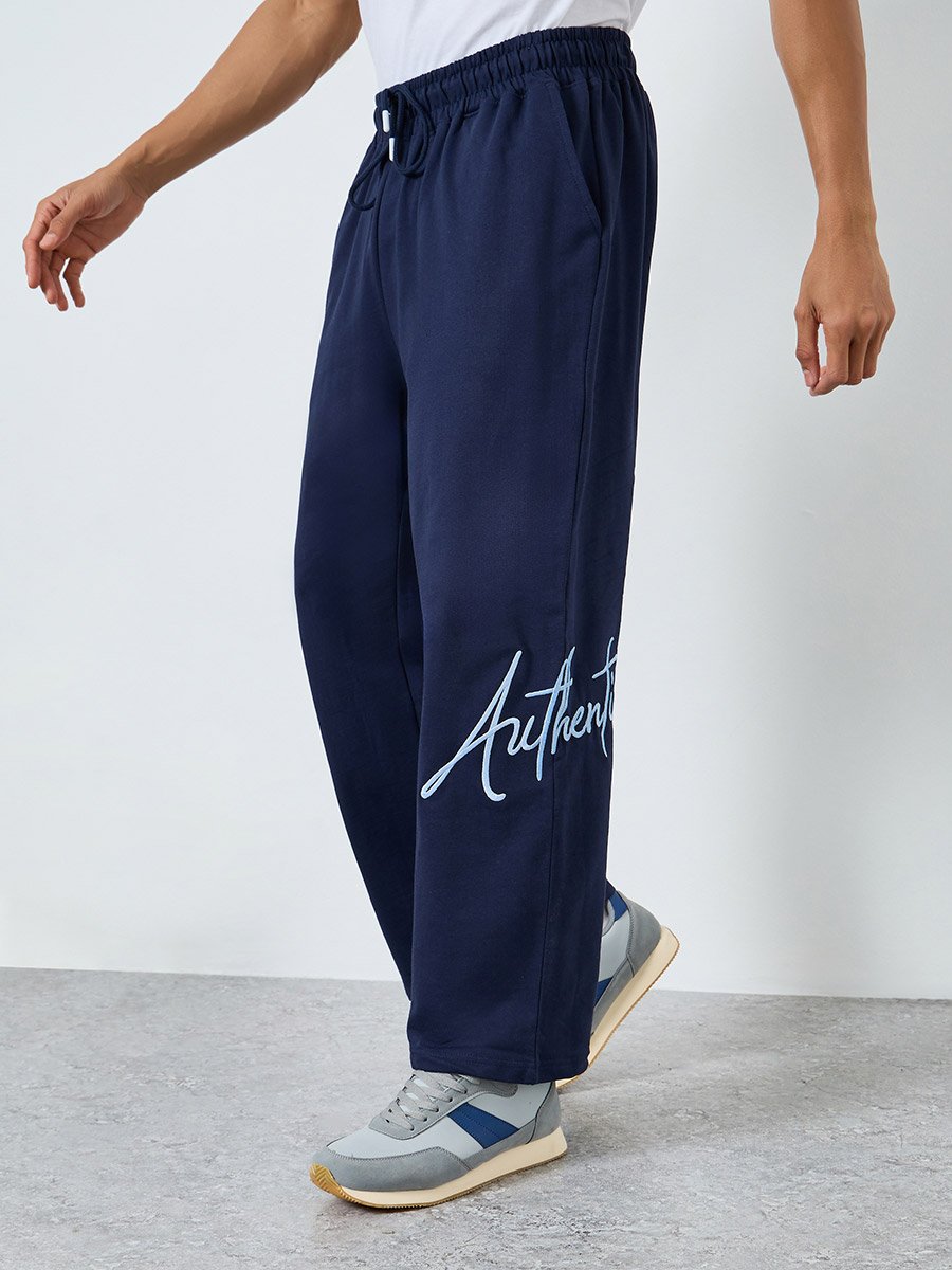 Men Navy Blue Embroidered Slogan Joggers