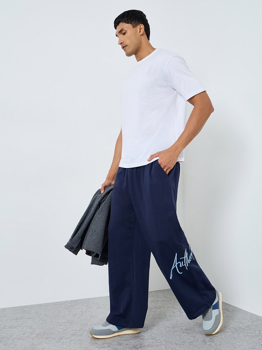 Men Navy Blue Embroidered Slogan Joggers