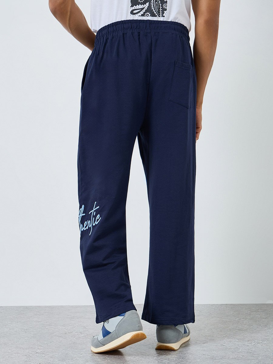 Men Navy Blue Embroidered Slogan Joggers