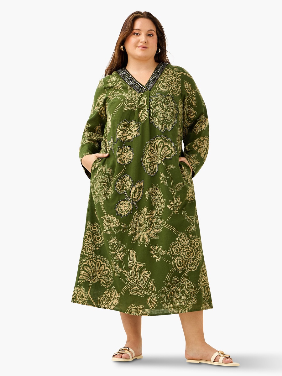 Plus Size Floral Print Kaftan Dress with Neck Embellishment