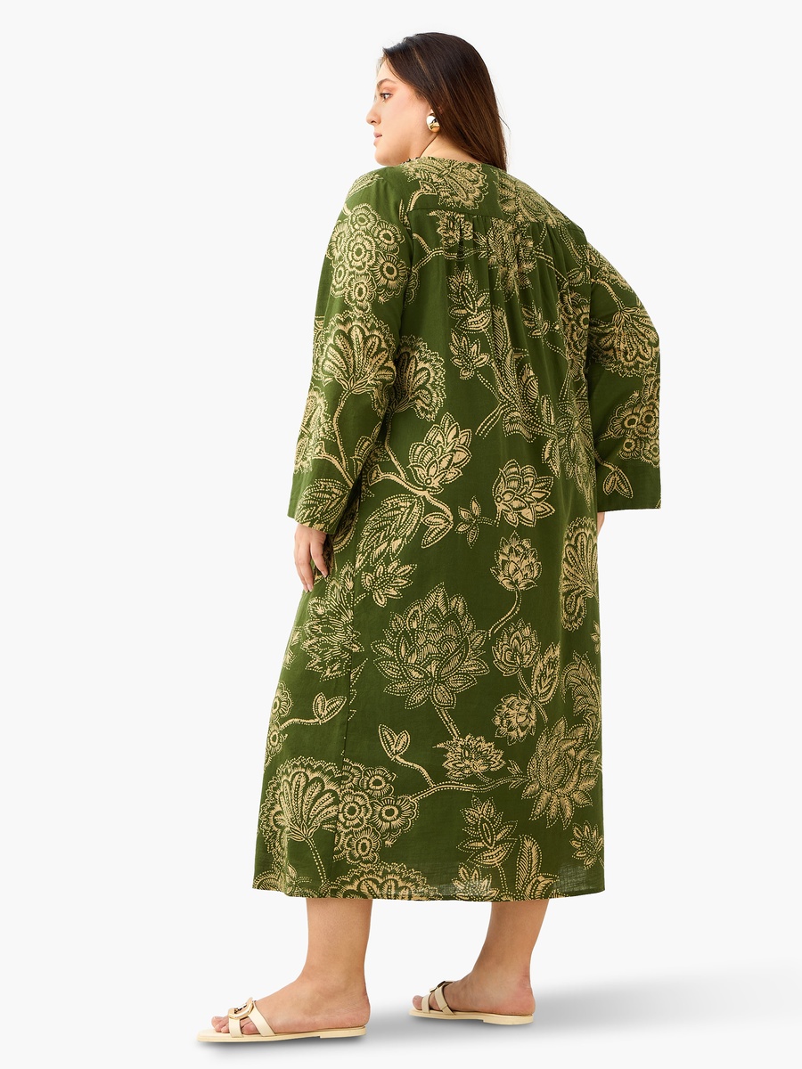 Plus Size Floral Print Kaftan Dress with Neck Embellishment