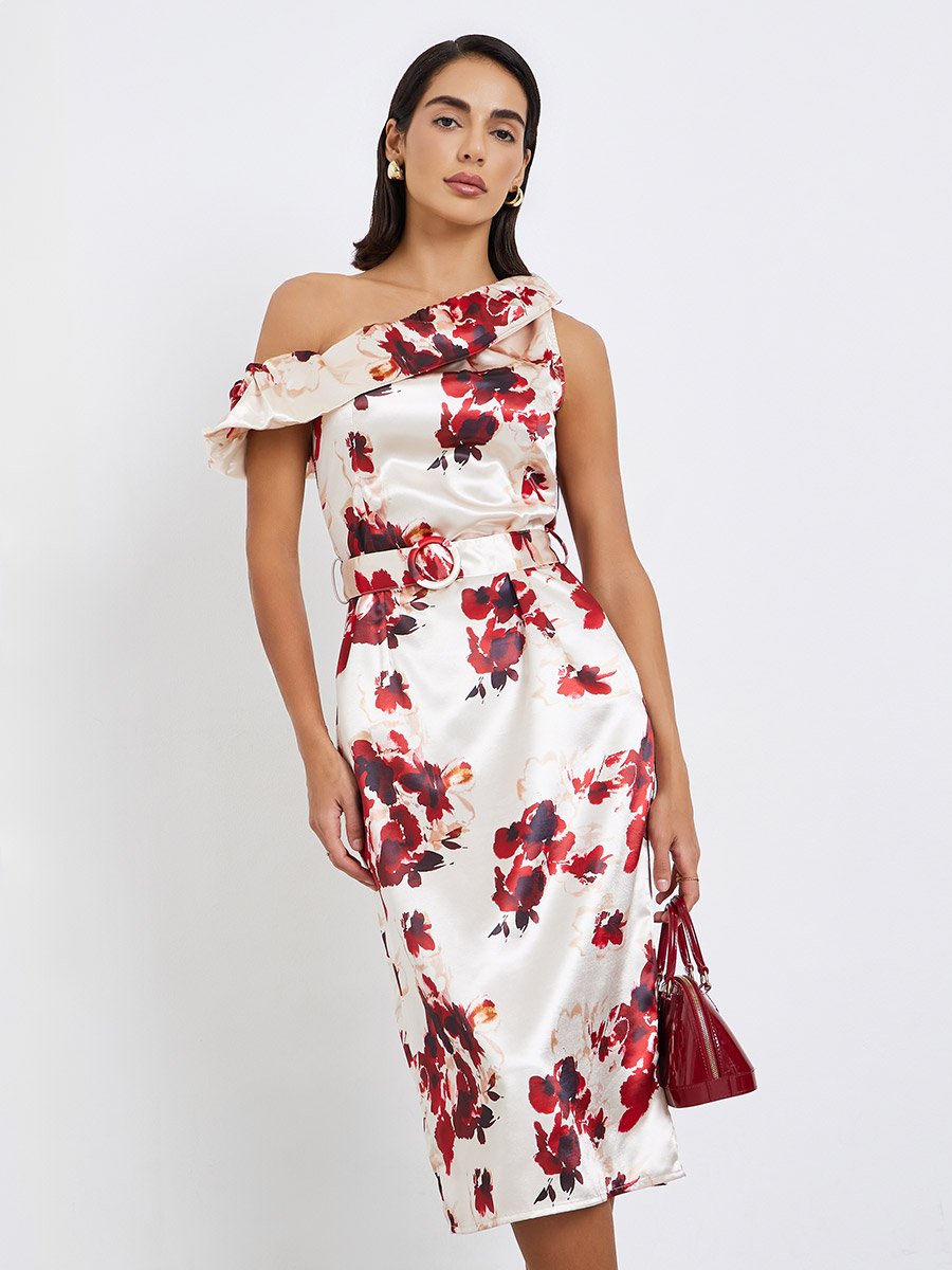 Women Floral Print One-Shoulder Sheath Midi Dress