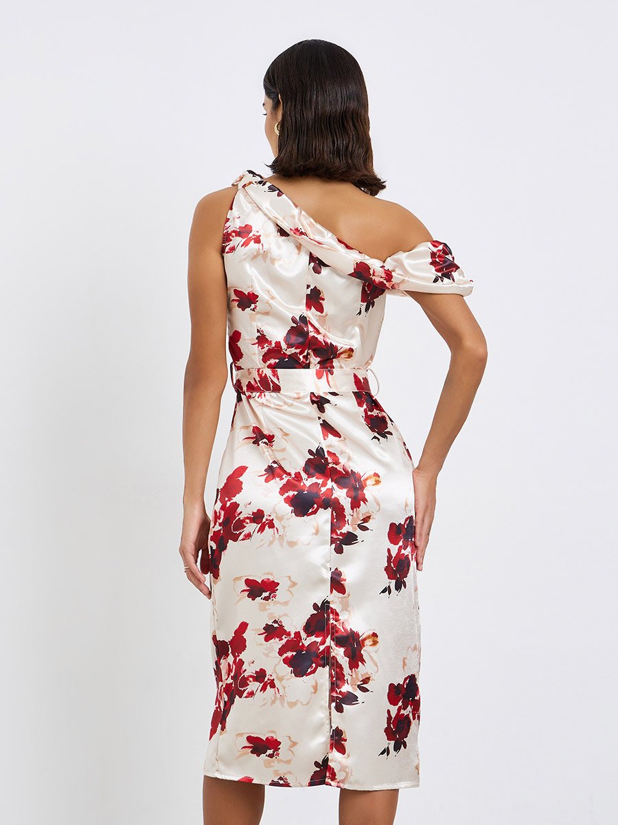 Women Floral Print One-Shoulder Sheath Midi Dress