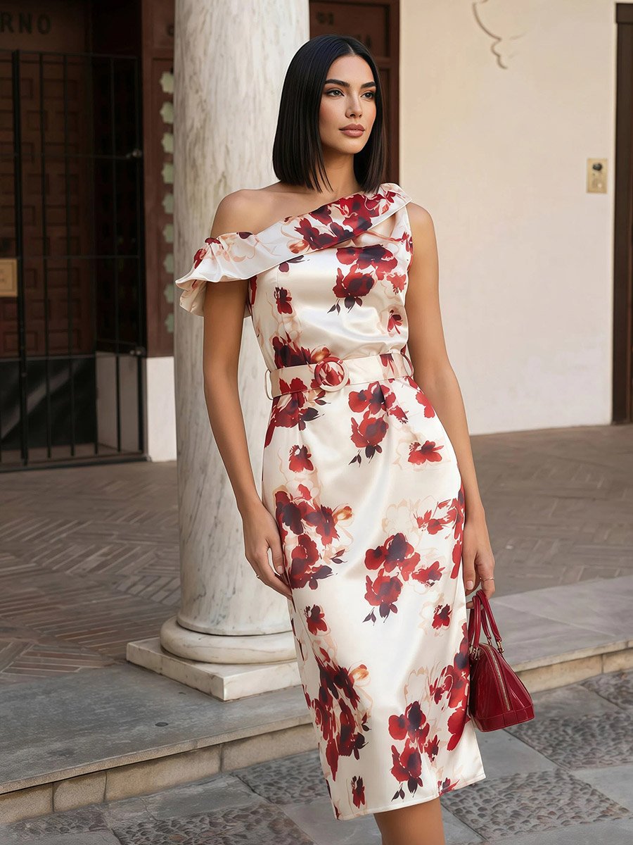 Women Floral Print One-Shoulder Sheath Midi Dress