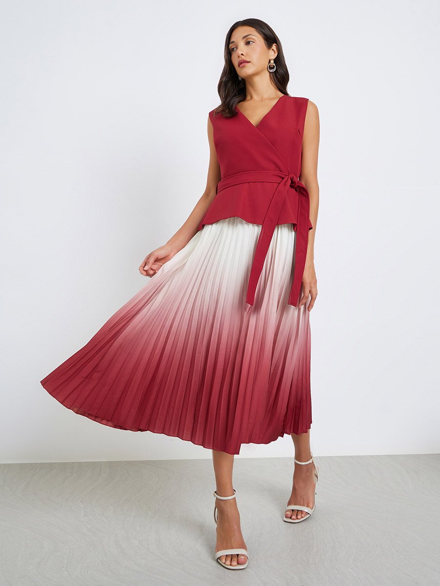 Women Ombre Look Pleated A-Line Midi Dress