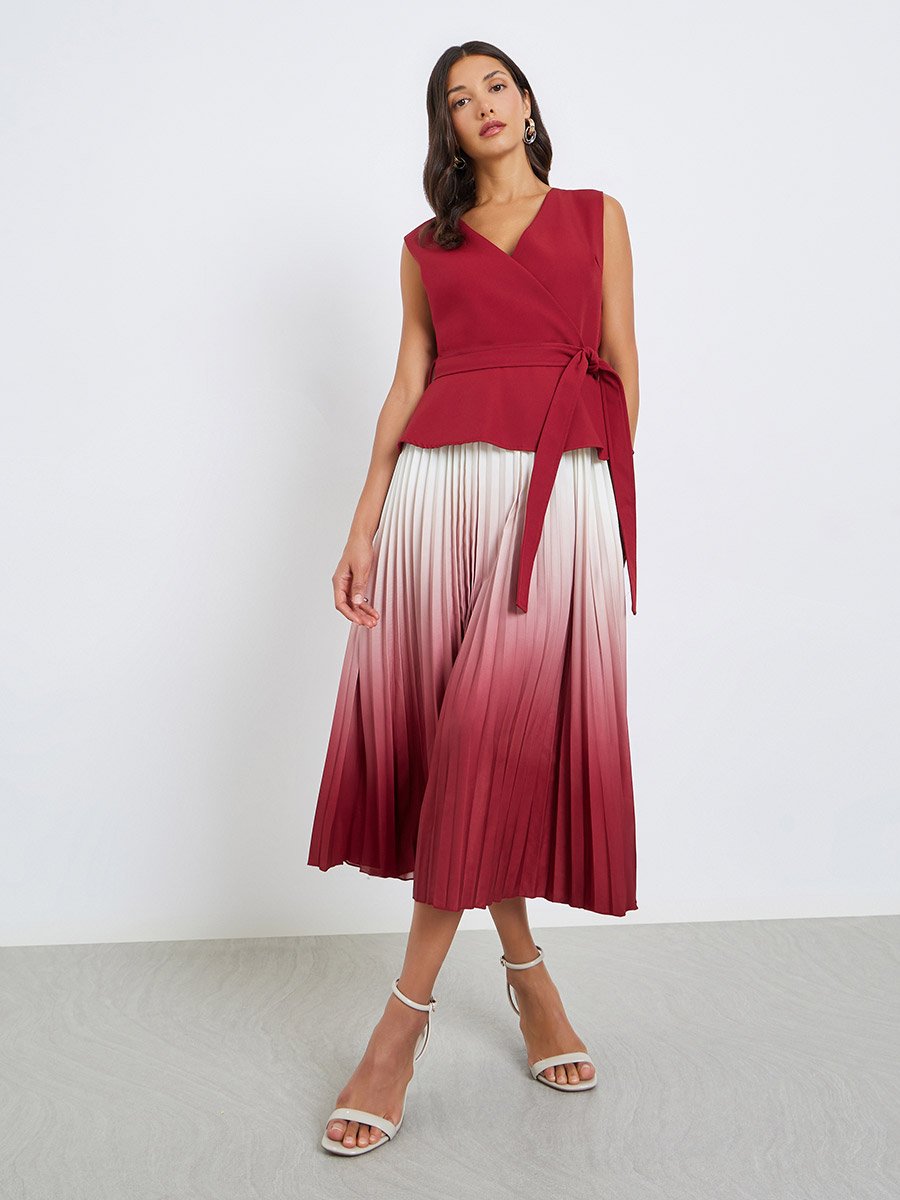 Women Ombre Look Pleated A-Line Midi Dress