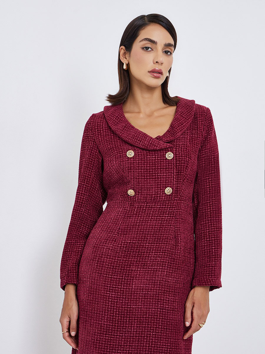 Burgundy Tweed Look Blazer Maxi Dress