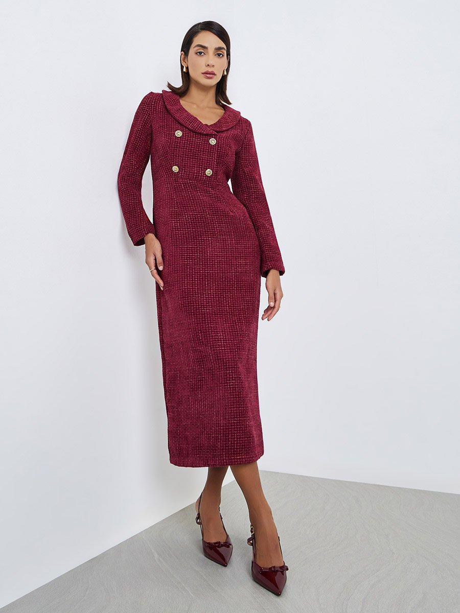 Burgundy Tweed Look Blazer Maxi Dress