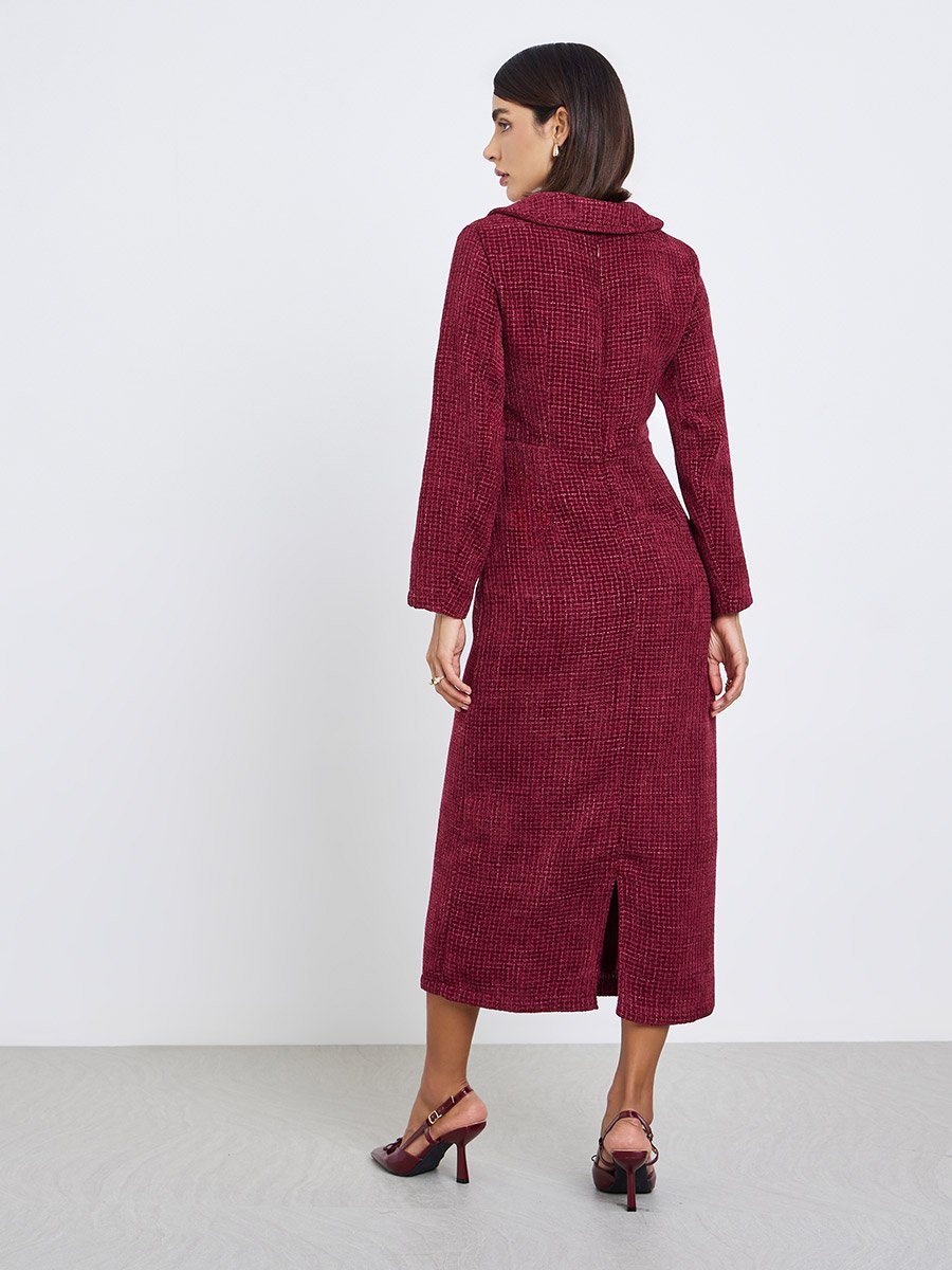 Burgundy Tweed Look Blazer Maxi Dress