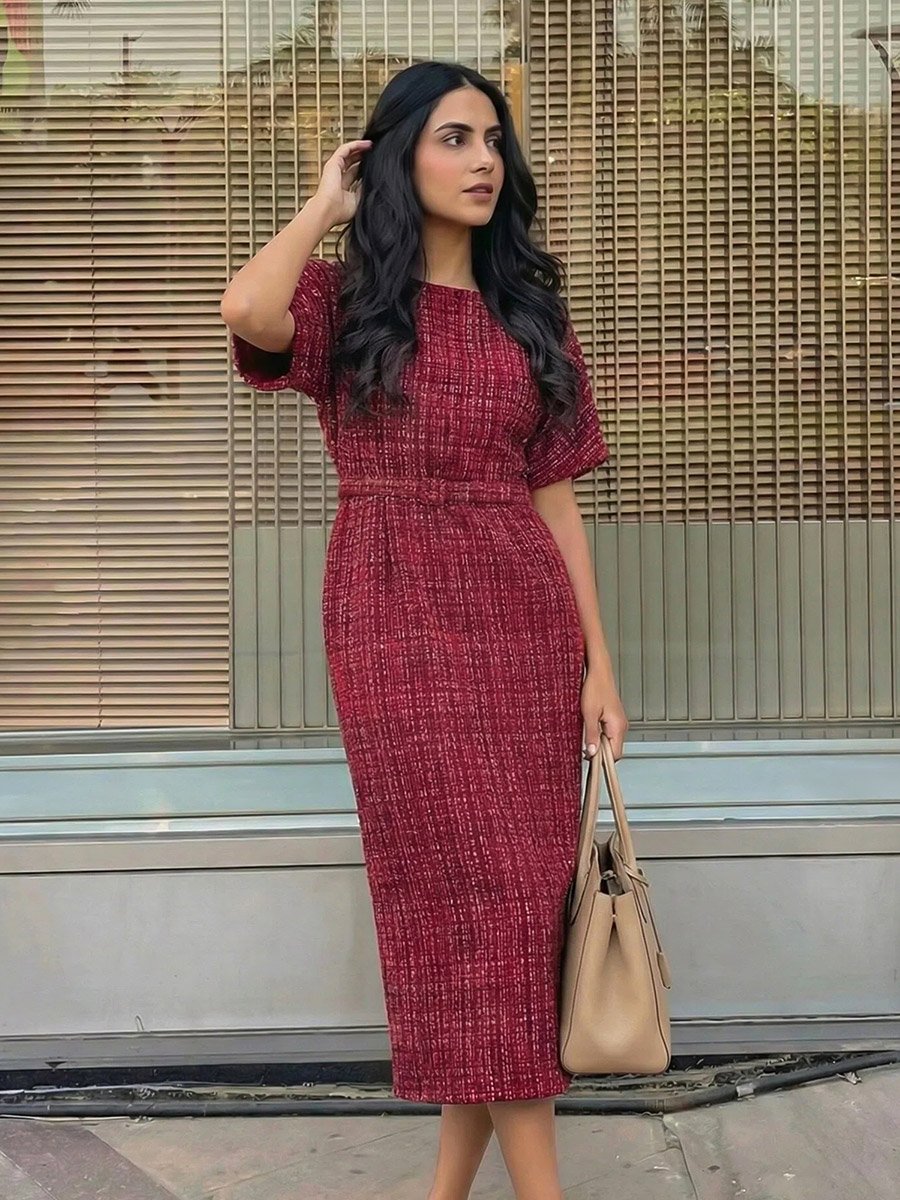Women Belted Tweed Sheath Midi Dress For Default Category at Saudi | Styli