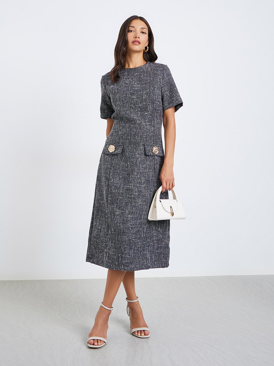 Women Tweed Look Midi Sheath Dress