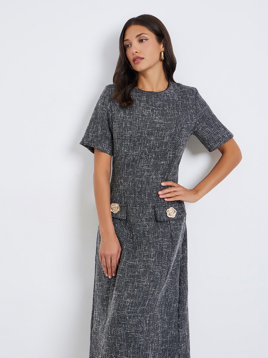 Women Tweed Look Midi Sheath Dress