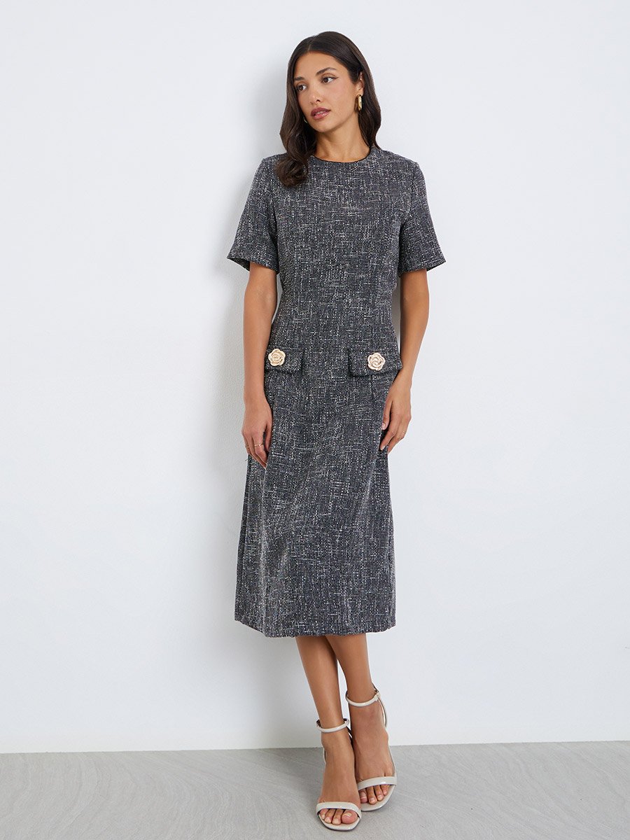 Women Tweed Look Midi Sheath Dress