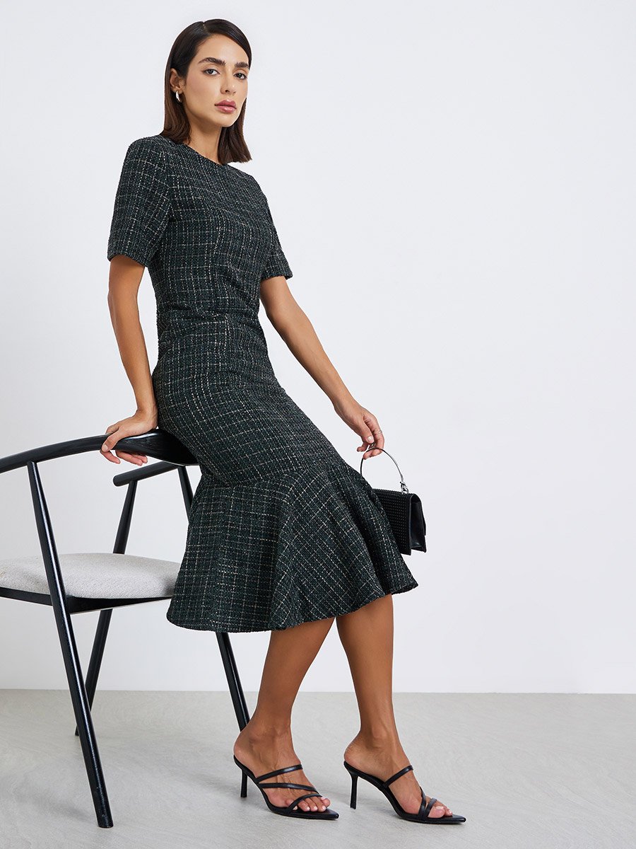 Women Tweed Look Mermaid Hem Midi Dress