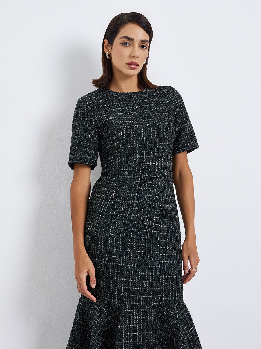 Women Tweed Look Mermaid Hem Midi Dress