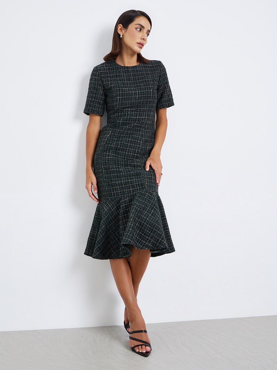 Women Tweed Look Mermaid Hem Midi Dress