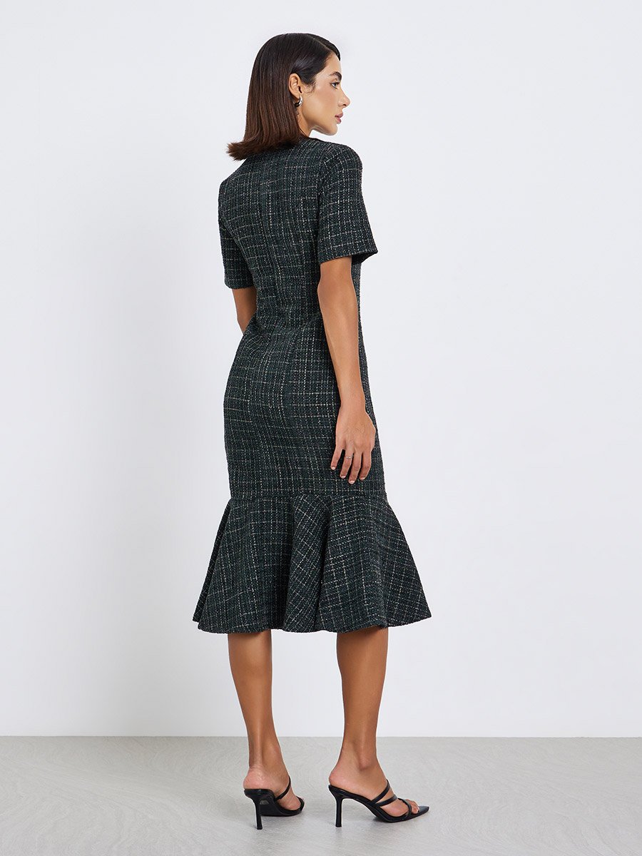 Women Tweed Look Mermaid Hem Midi Dress