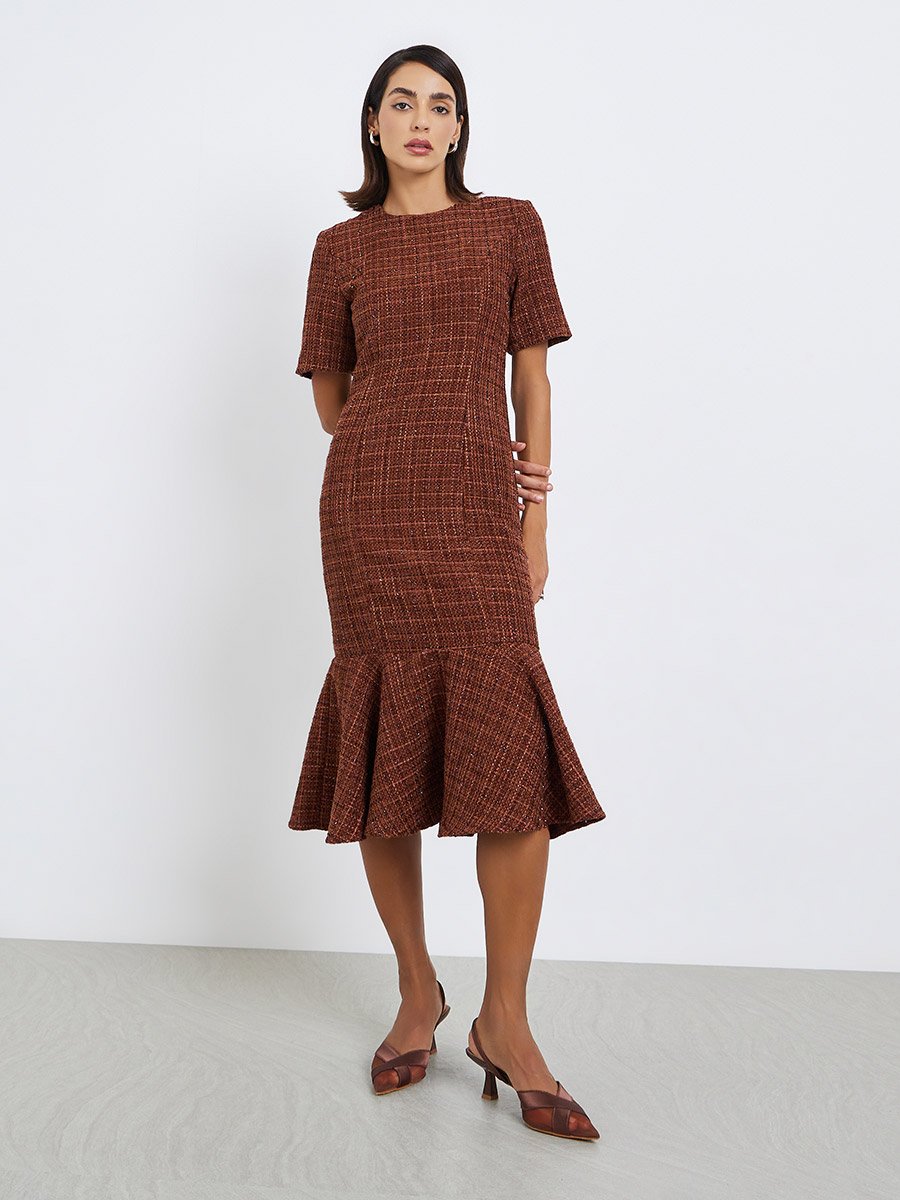 Women Tweed Look Mermaid Hem Midi Dress