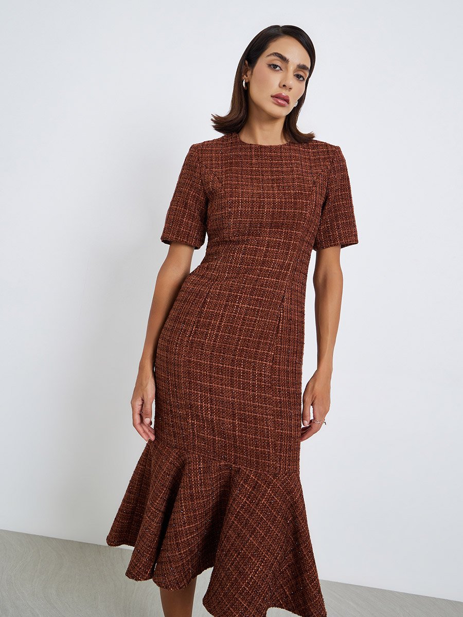 Women Tweed Look Mermaid Hem Midi Dress