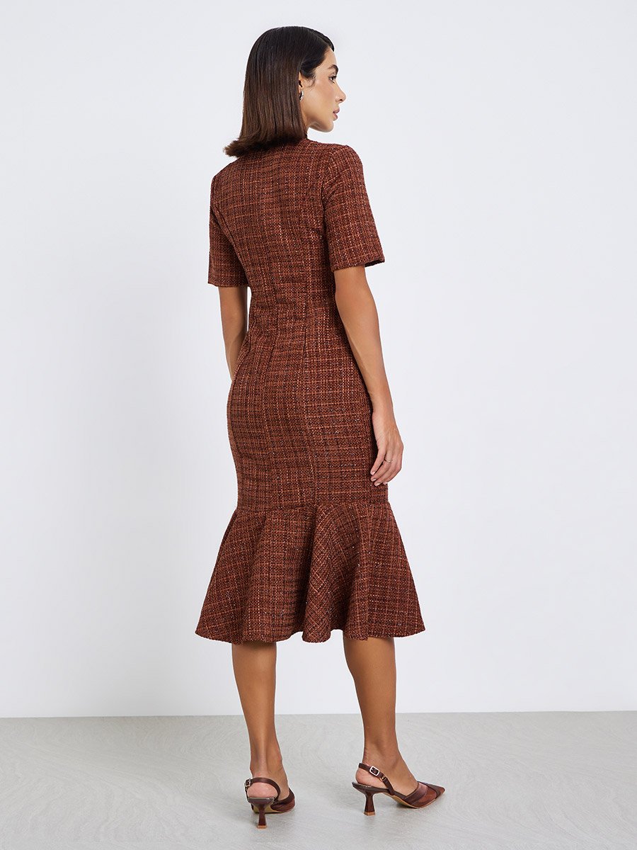 Women Tweed Look Mermaid Hem Midi Dress
