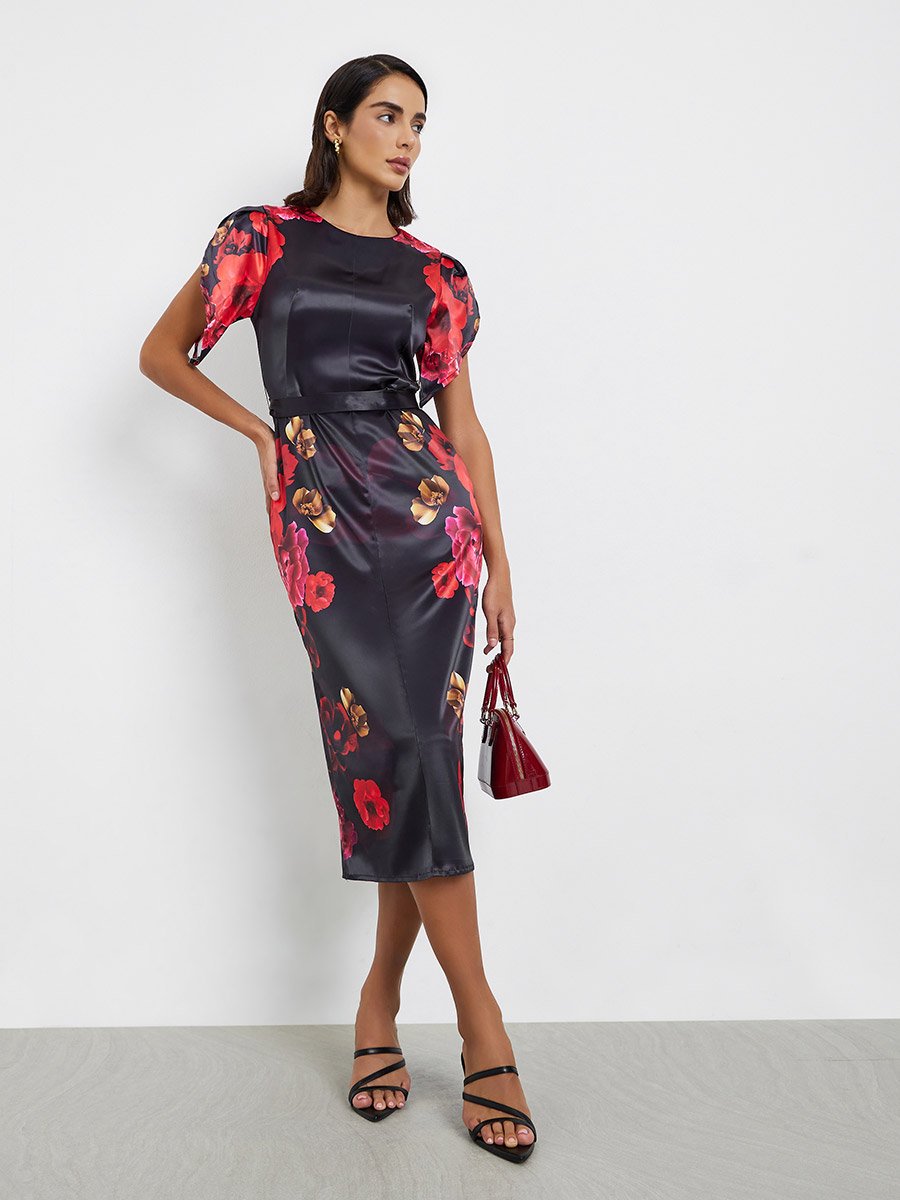 Black Floral Print Satin Sheath Midi Dress