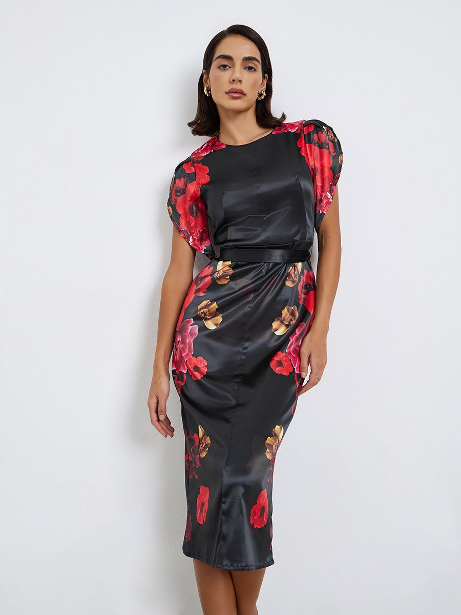 Black Floral Print Satin Sheath Midi Dress