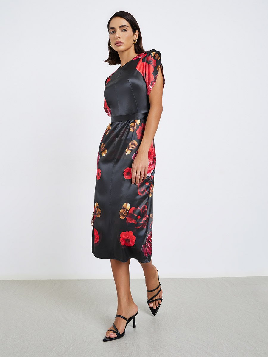 Black Floral Print Satin Sheath Midi Dress