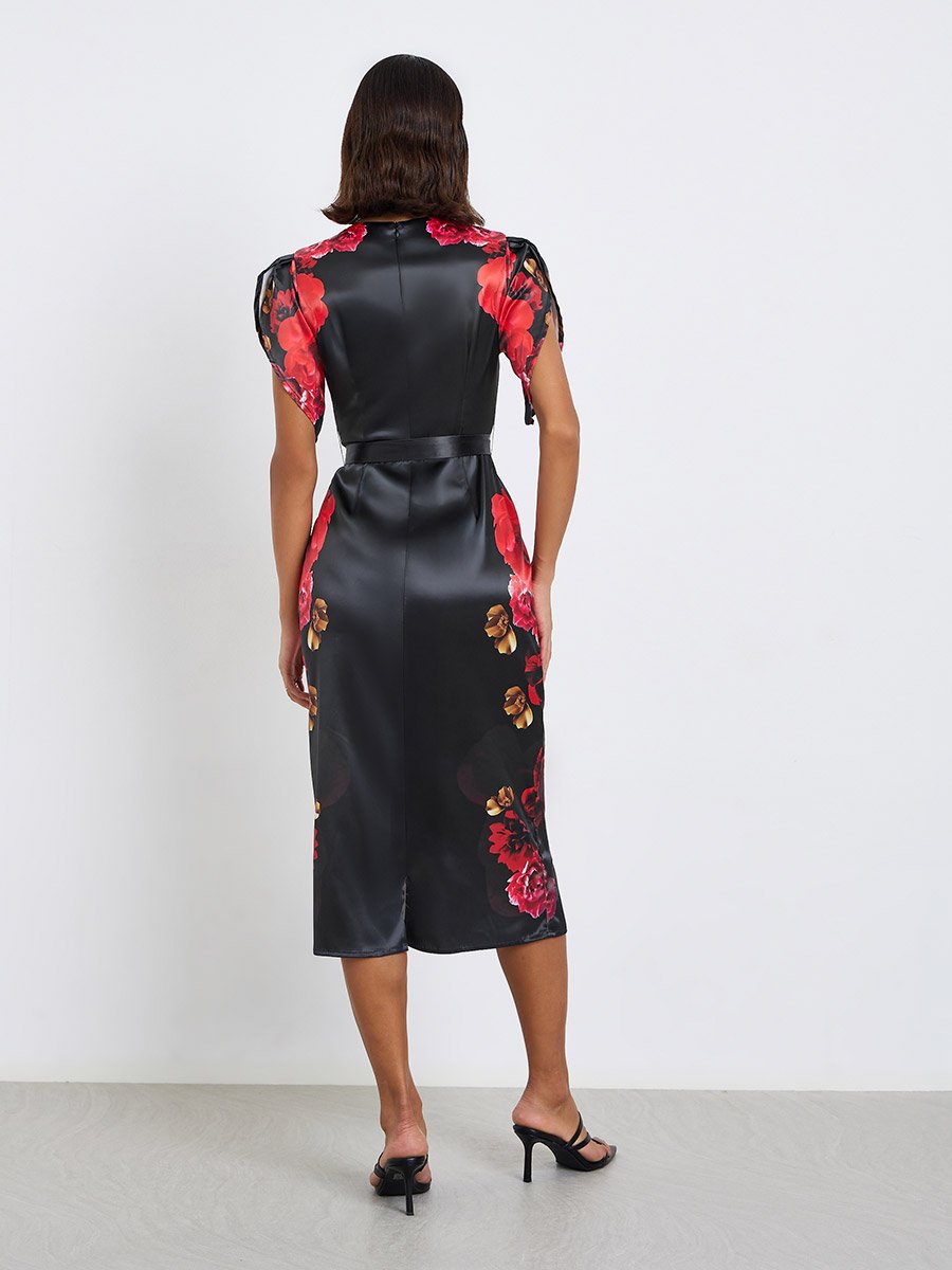 Black Floral Print Satin Sheath Midi Dress