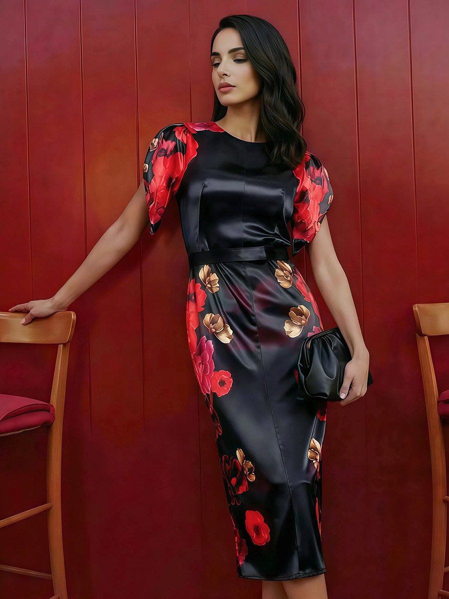 Black Floral Print Satin Sheath Midi Dress