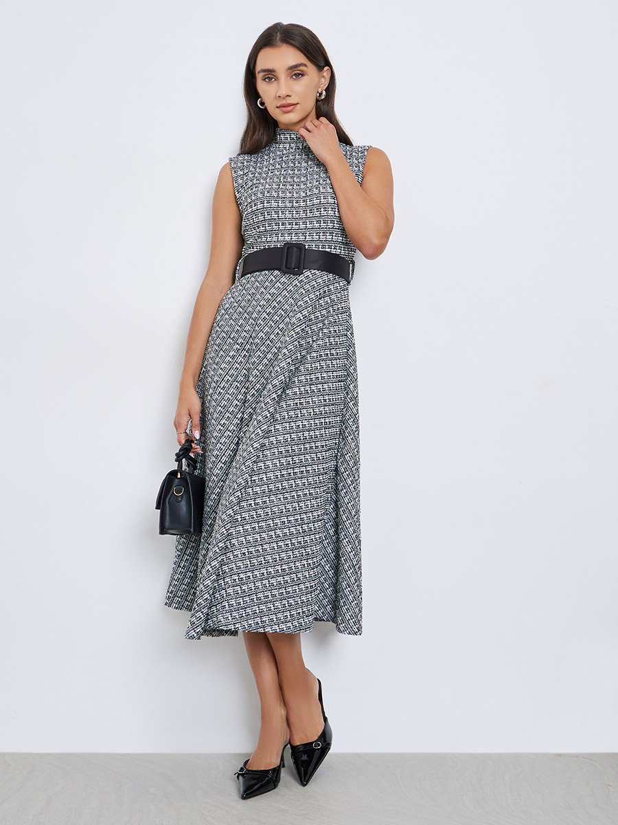 Black and White Belted Sleeveless A-Line Midi Dress