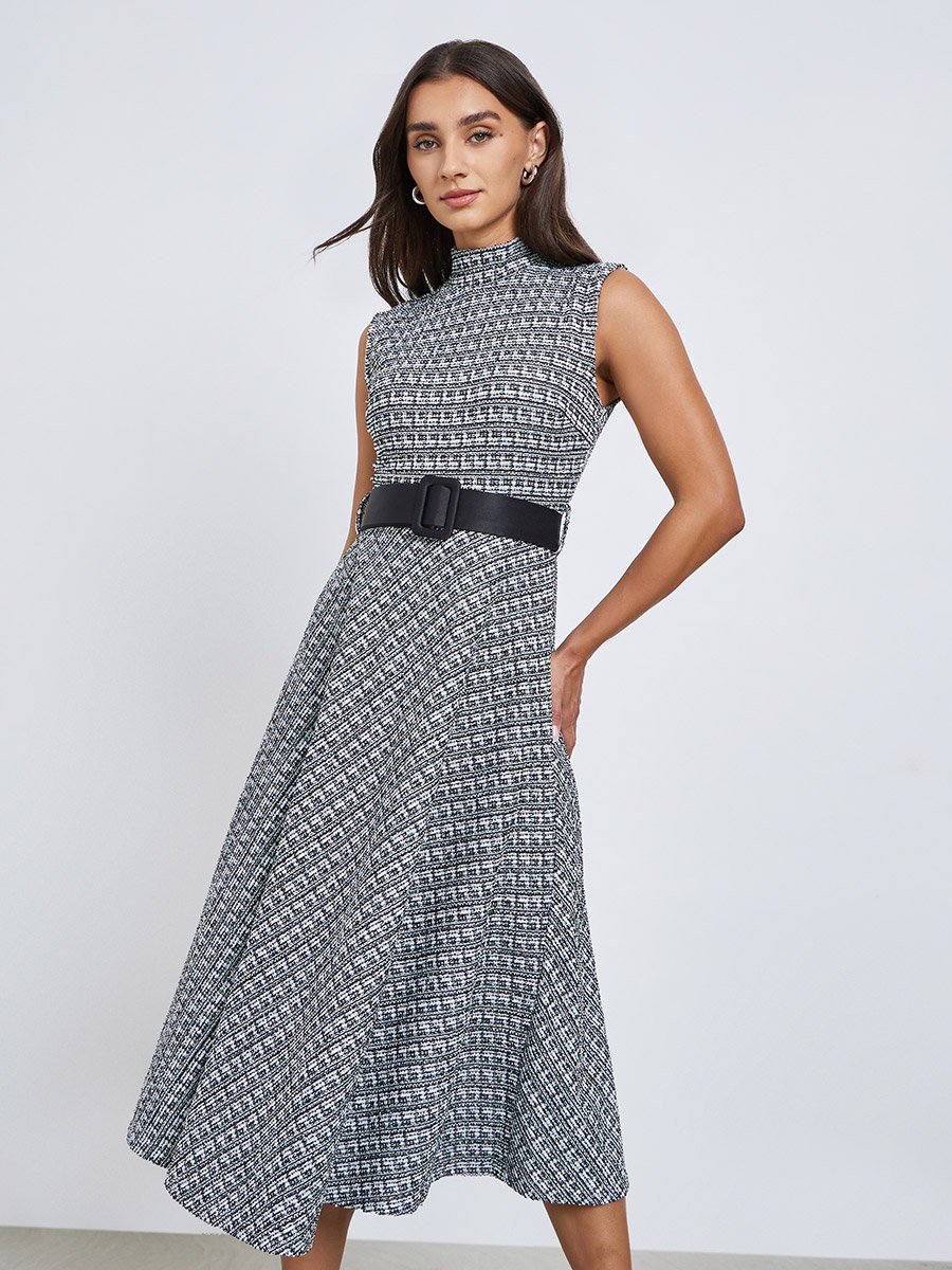 Black and White Belted Sleeveless A-Line Midi Dress
