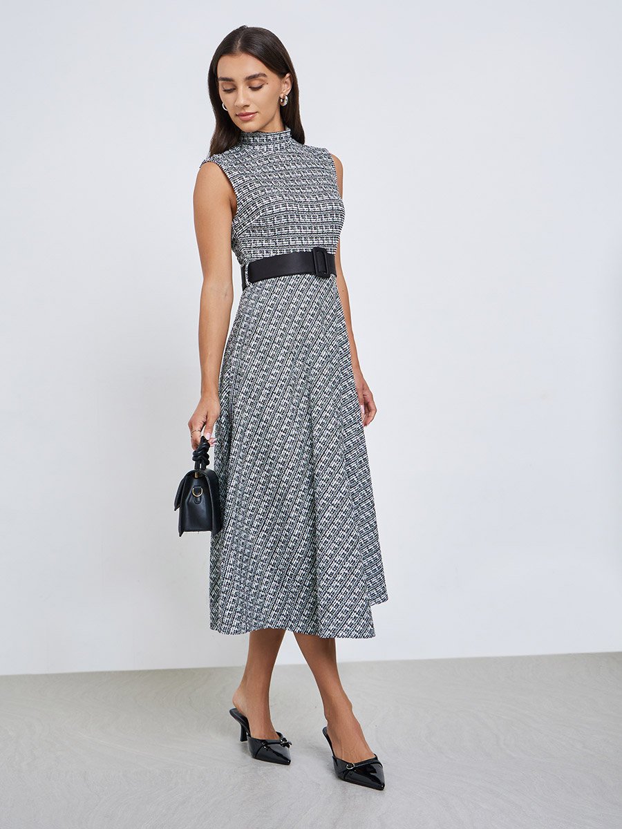 Black and White Belted Sleeveless A-Line Midi Dress