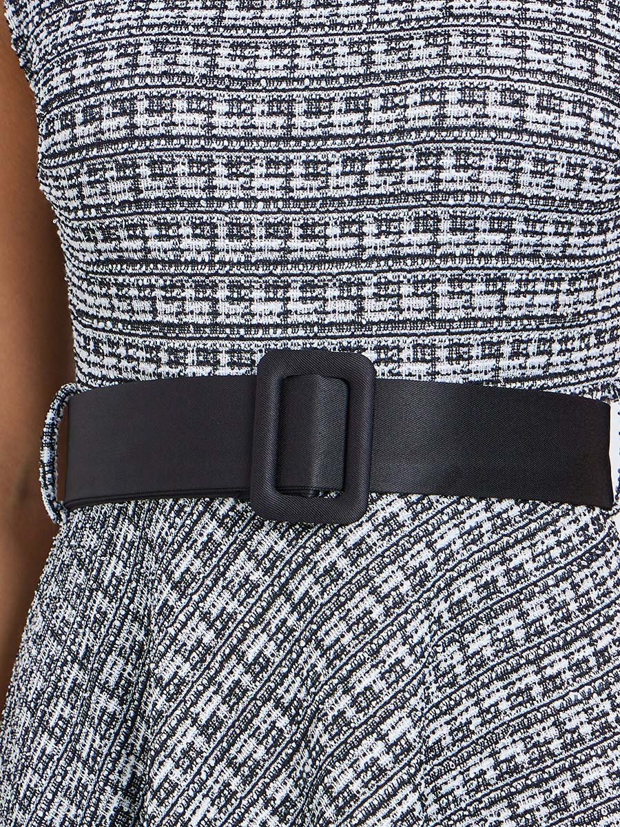 Black and White Belted Sleeveless A-Line Midi Dress