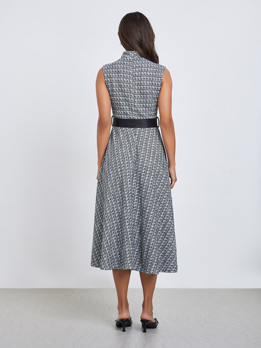 Black and White Belted Sleeveless A-Line Midi Dress