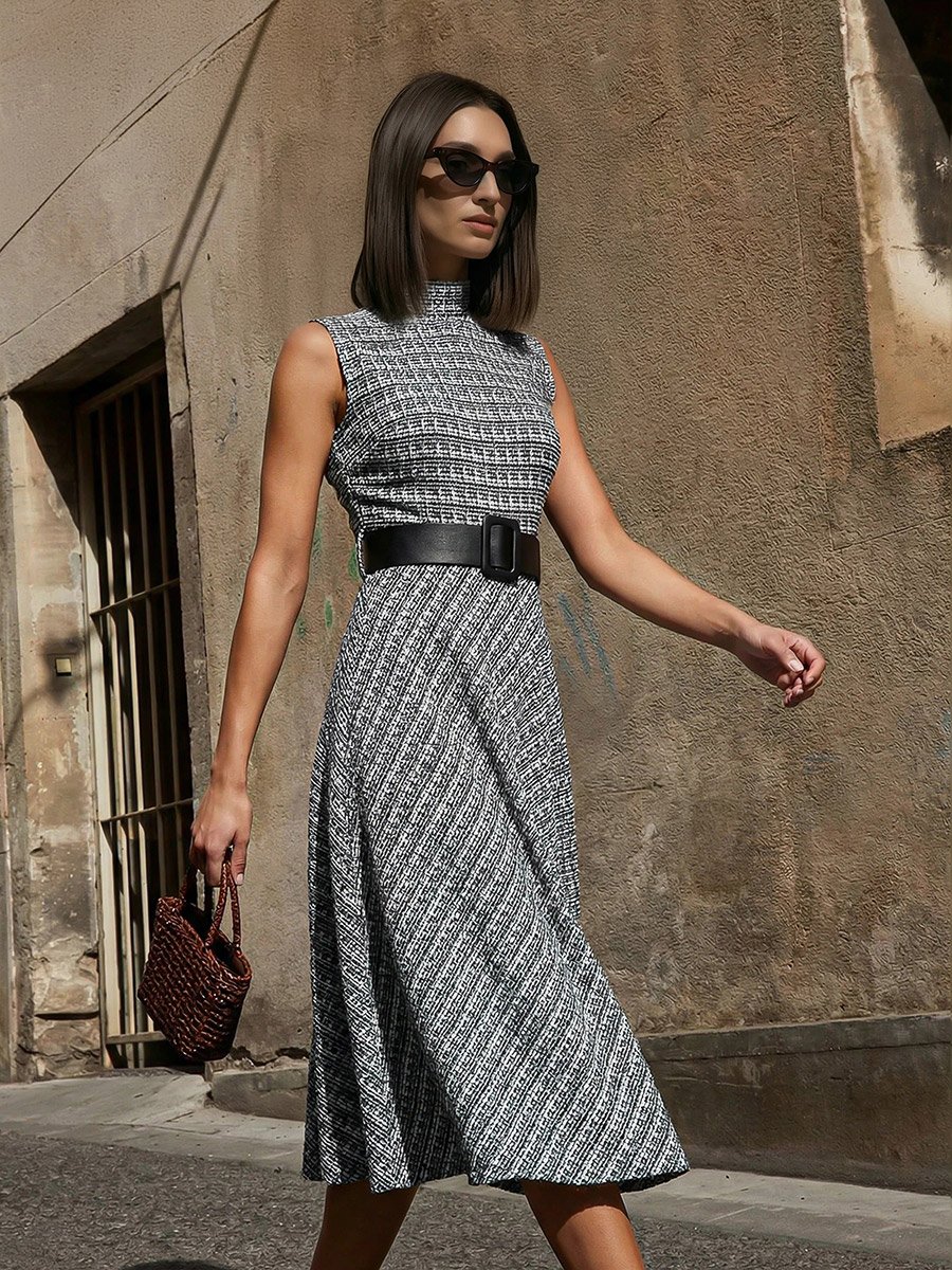 Black and White Belted Sleeveless A-Line Midi Dress For Women at Saudi |  Styli