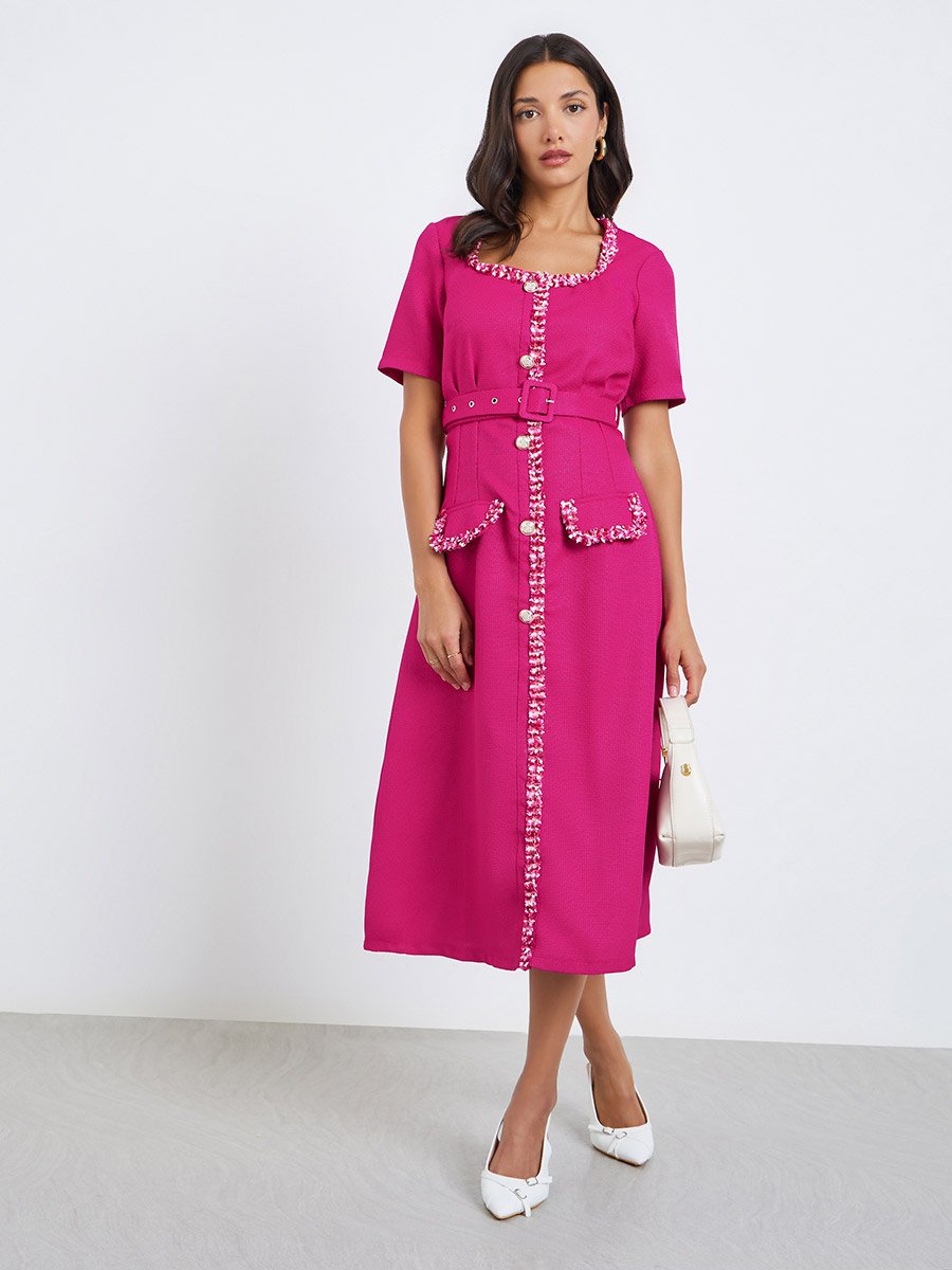 Women Tweed Look Midi Evening Dress with Belt