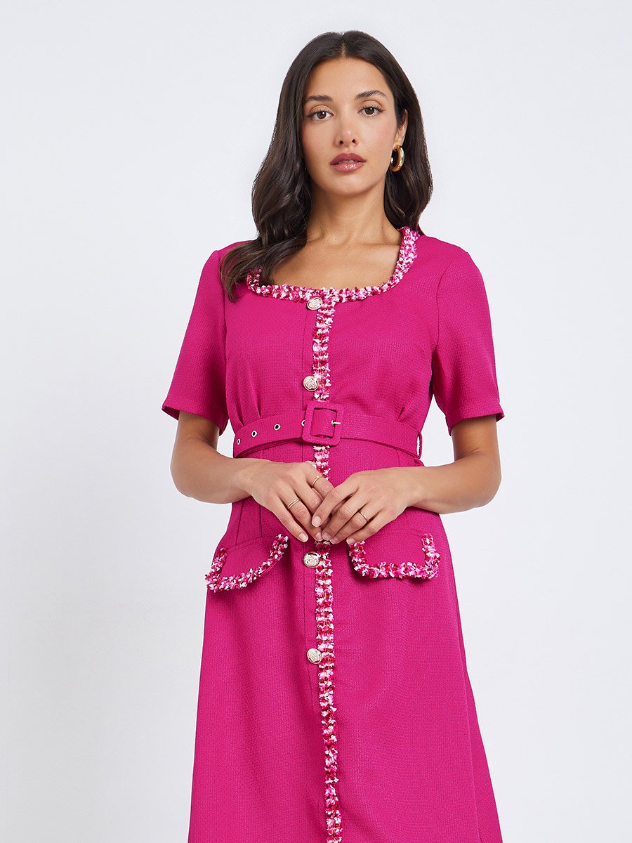 Women Tweed Look Midi Evening Dress with Belt