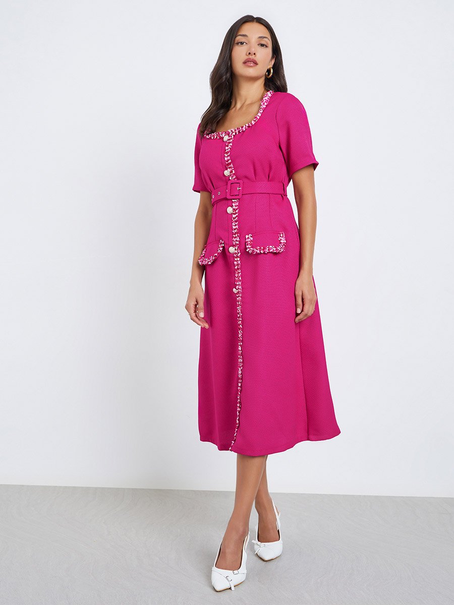 Women Tweed Look Midi Evening Dress with Belt
