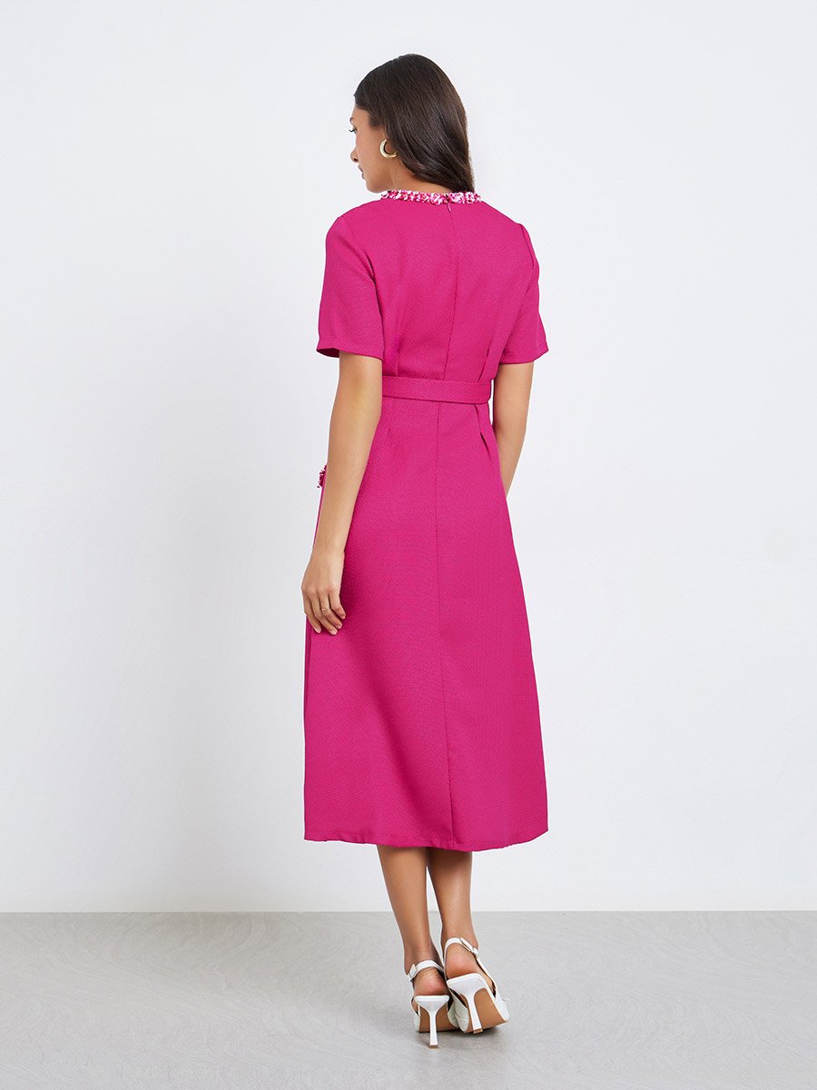 Women Tweed Look Midi Evening Dress with Belt
