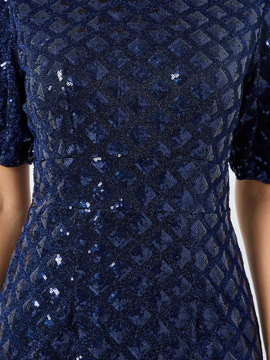 Women Navy Blue Sequin Short Sleeves Sheath Midi Dress For Women at Kuwait  | Styli